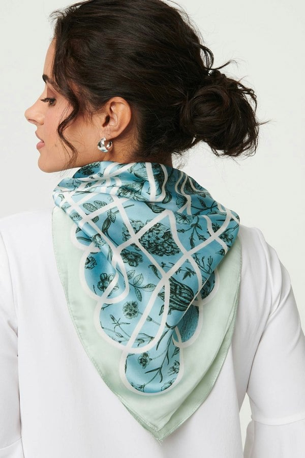 Green | Floral Border Print Square Scarf

