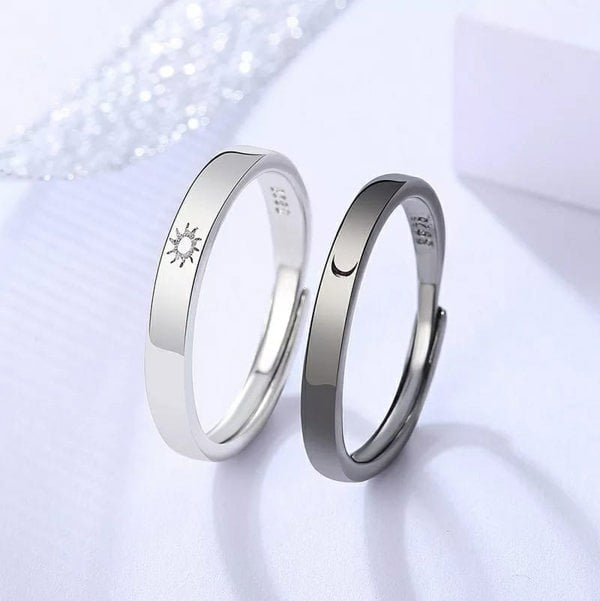 The Colourful Aura Adjustable Sterling Silver Couple Moon and Sun Promise Ring set