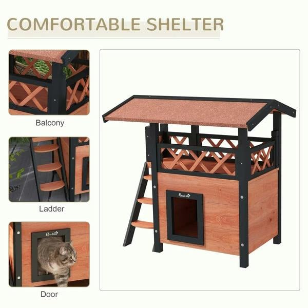Outdoor cat house with balcony and ladder steps; front entry door in dark frame