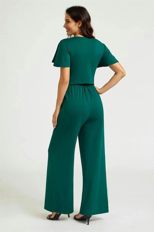 FS Collection Easy Peezy Design V-Neck Ruched Waist Jumpsuit In Green