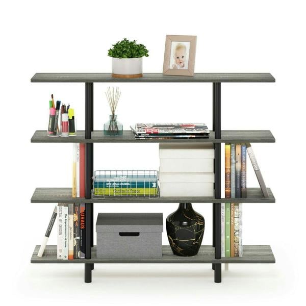 WALPLUS Turn-N-Tube 4-Tier Wide Display Shelf, French Oak Grey/Black perfect for organized storage and display