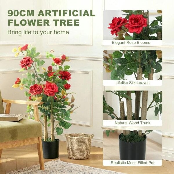 90cm Artificial Rose Tree, Decorative Fake Plant with 344 Silk Leaves 17 Flowers for Outdoor Indoor Decor, Red