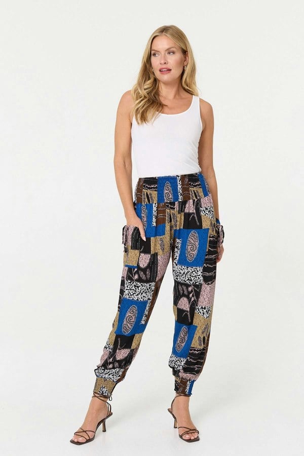 Blue | Patchwork Print Pocket Front Harem Pants
