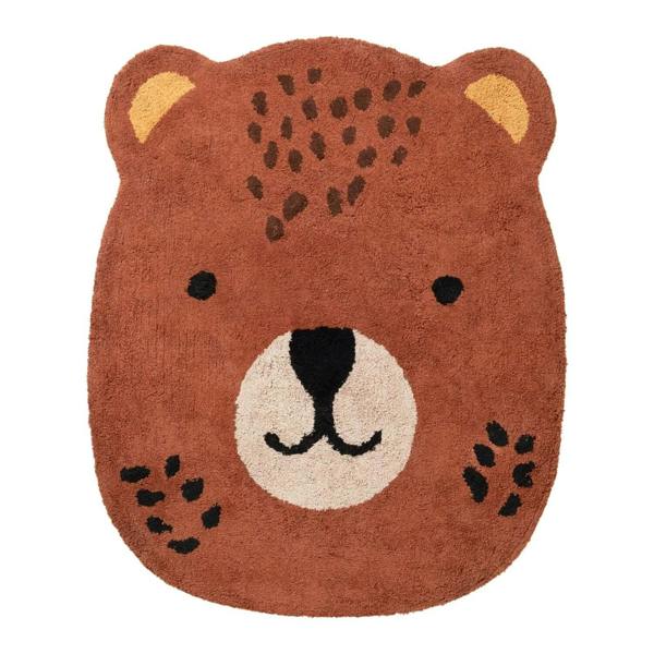 Bear-shaped rug with brown fur, black eyes, and a white muzzle on a white background
