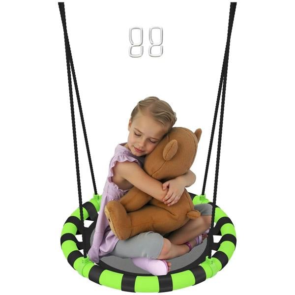 Round kid nest swing seat with black-and-green padded ring and adjustable hanging ropes