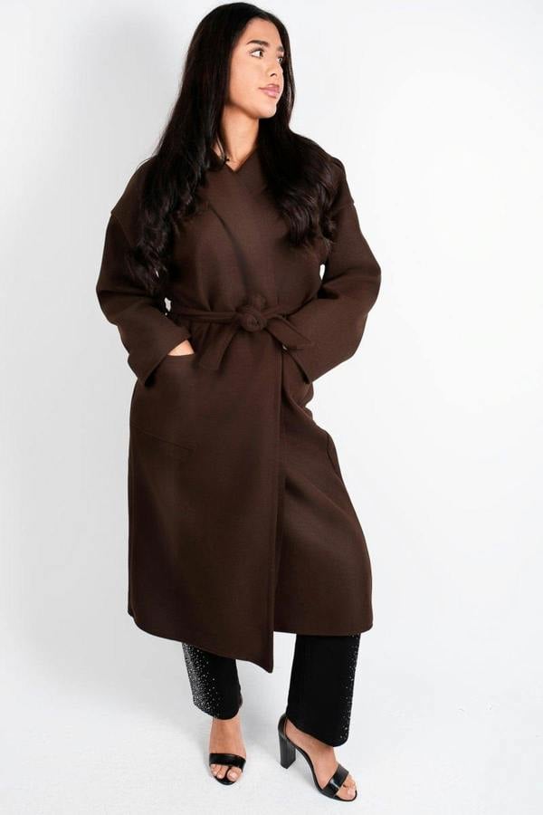 Vionna Hooded Longline Belted Wrap Coat - Brown