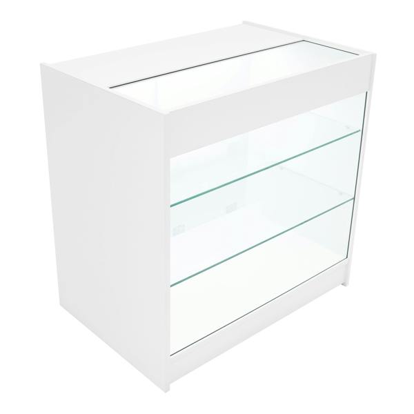 Vega LED Shop Counter Set in white, featuring a sleek design with glass shelves and a top display area for showcasing products