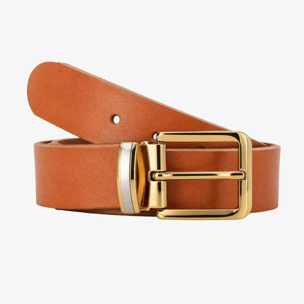 Front view of Tan leather belt with a gold buckle on a white background