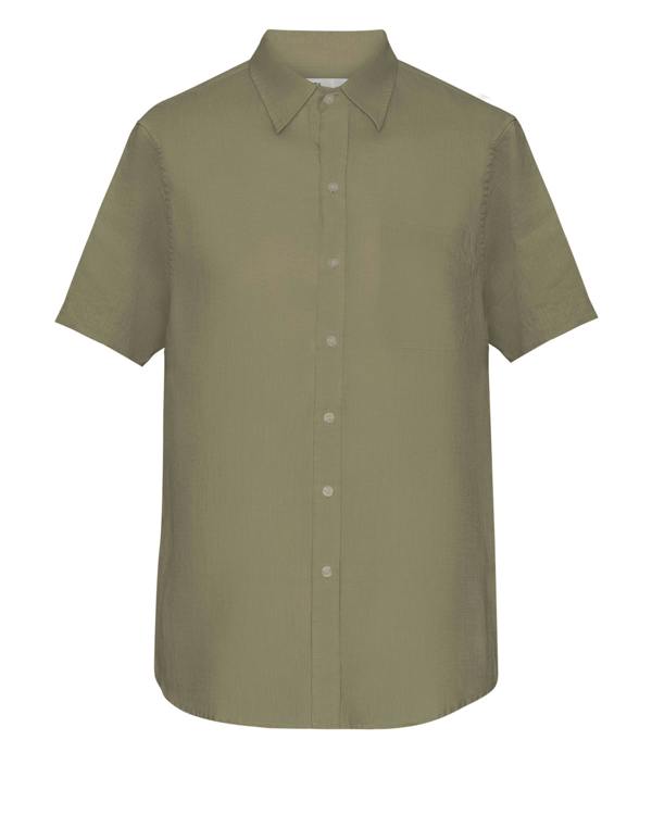 Colorful Standard Mens Short Sleeve Linen Shirt - Dusty Olive - CHO - Designer Mens Short Sleeve Shirts