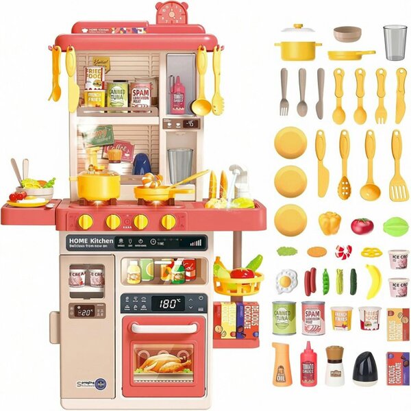 deAO Toys Pink Kitchen Playset – Realistic Lights & Sounds, Simulated Spray, Role-Play Toy with Accessories. Perfect Gift for Kids