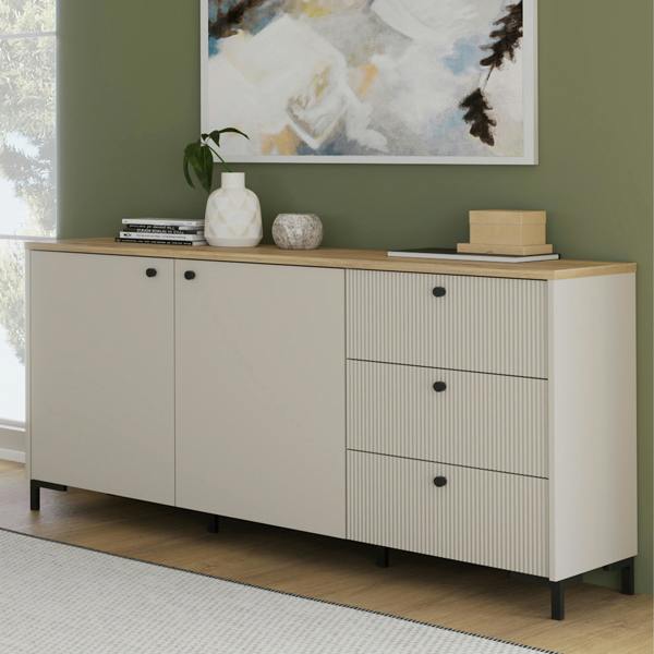Furniture To Go Bixbite Wide Sideboard with Fluted Drawers & Cupboard in Mauvella Oak and Sand
