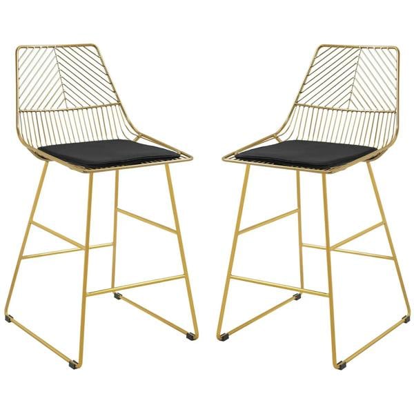 Set of 2 gold wire bar stools with black seat cushions and angled backrest