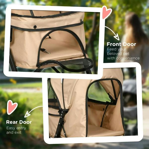 Beige pet stroller with zip front door and rear door, mesh side panels.