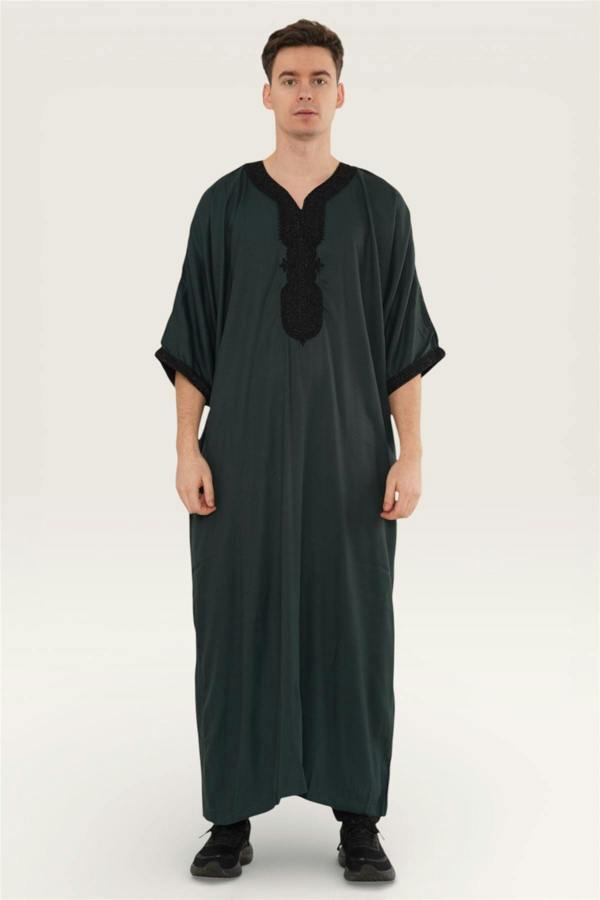 Infinity Leather Men's Moroccan Thobe Jubba Robe Djellaba Arab Short Sleeve Embroidery Gandoura