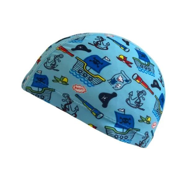 Blue Simply Swim junior fun patterns Lycra swim cap with pirate ships and anchors