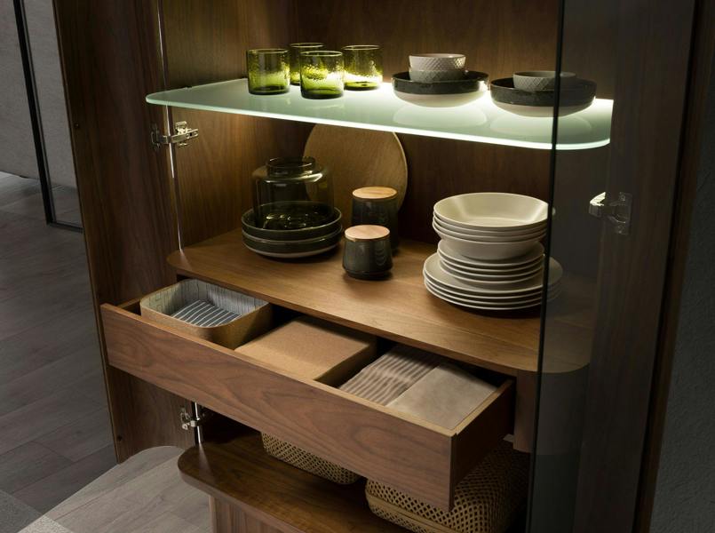 Angel Cerdá Tall Sideboard in Tempered Glass, Walnut With Interior Lighting 3273