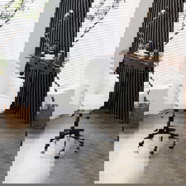 Furniture One Office Chair, Boucle Fabric Padded Armchair, Mid-back Swivel Vanity Chair - Max Load 150kgs - White