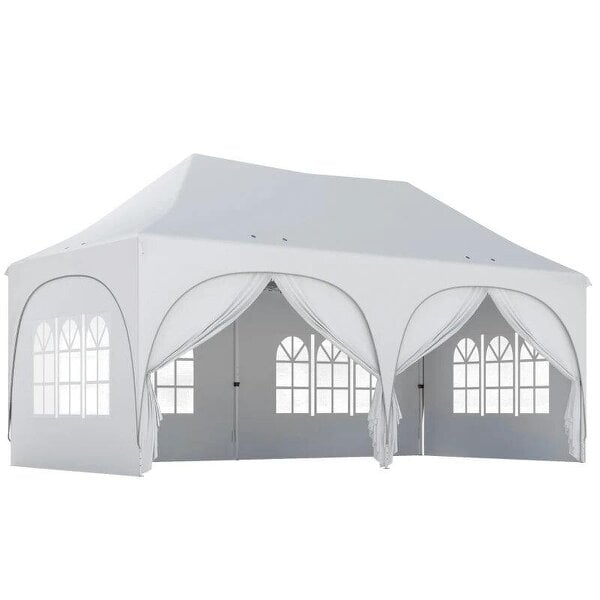 3 x 6m Pop Up Gazebo Shelter with Sides, 6 Sandbags, Peak Top Garden Party Tent Marquee with Carry Bag, Light Grey/White