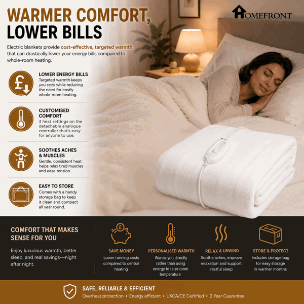 Homefront Electric Blanket Single Bed, Machine Washable Fast Heat Up and Safe for All Night Use