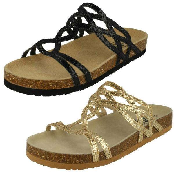 Down to Earth Ladies Down To Earth Cork Effect Glitter Sandals