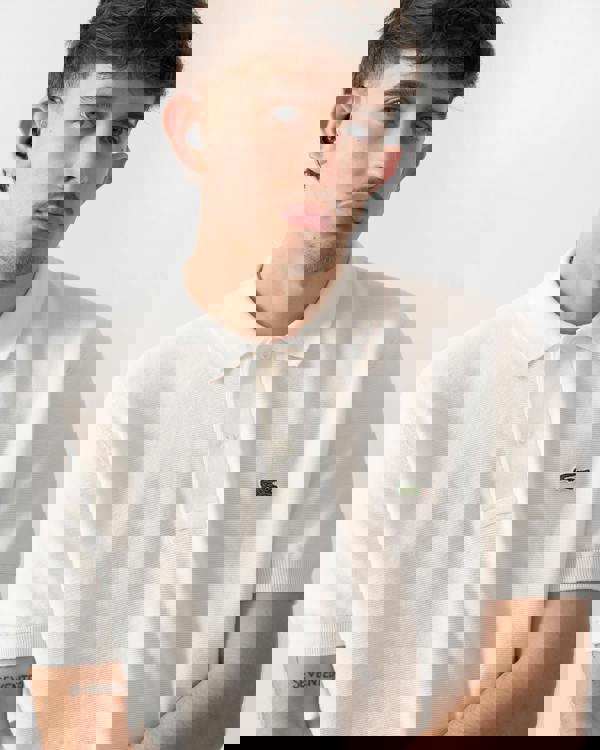 close up shot of a model wearing a Lacoste Moss Stitch Cotton Polo Collar Mens Sweater in Flour 70V