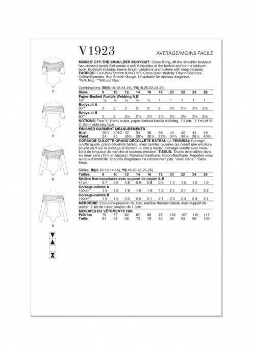 Vogue Sewing Pattern 1923, Bodysuits for Women, B5 (8-10-12-14-16) - Intermediate