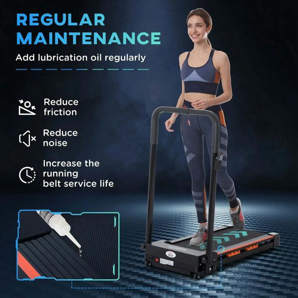 Black folding treadmill standing with handlebar and deck, featuring maintenance guidance graphic.