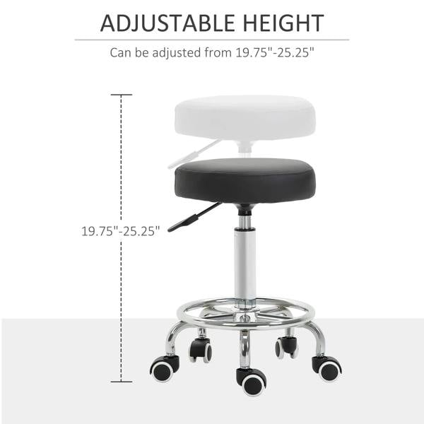 Black cushioned round stool seat on chrome height-adjustable base with locking lever
