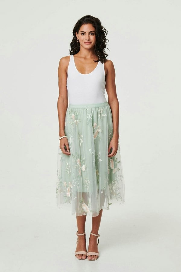 Sage | Floral Texture Semi Sheer Midi Skirt
