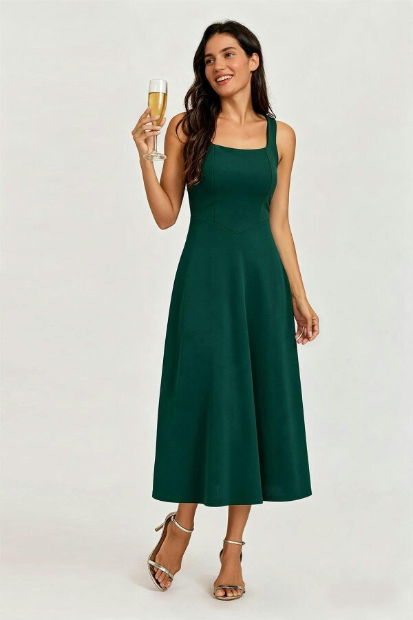 FS Collection Square Neck Sleeveless Fit & Flare Midi Dress In Green