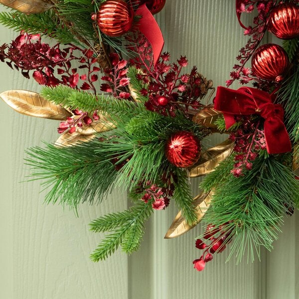 Samuel Alexander 38cm Ruby Velvet Christmas Wreath with Red Baubles, Berries & Bows