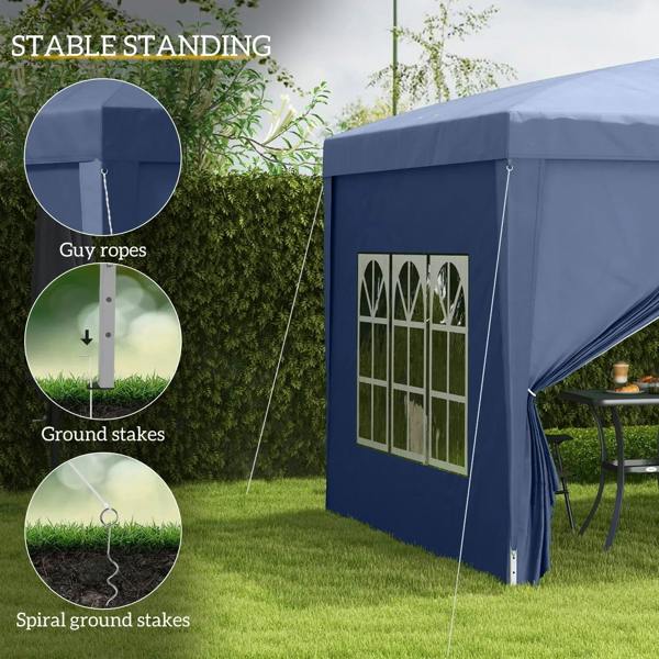 Blue gazebo sidewall with window panel and secured guy ropes