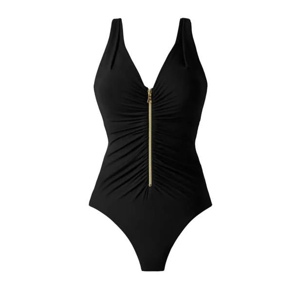Black Miraclesuit Razzle Dazzle Zipt swimsuit with gold zipper