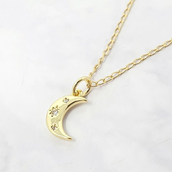 Gold Plated Crescent Moon Charm Cubic Zirconia Necklace