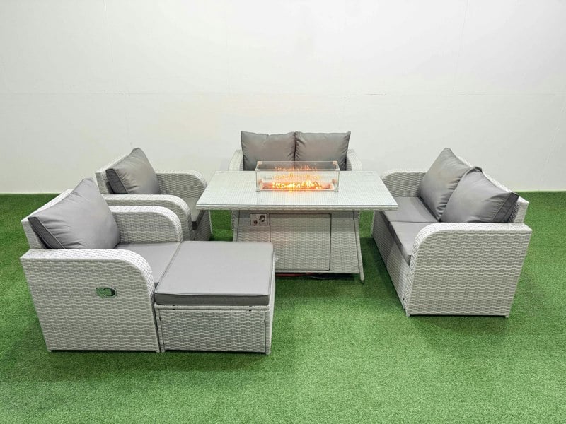 Fimous 7 Seater Outdoor Reclining Chair Love Sofa Set Rattan Garden Furniture Set with Fire Pit Dining Table Footstool Light Grey