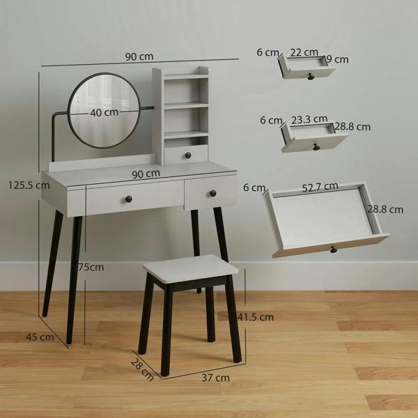 Gray vanity dressing table with round mirror, drawers, open shelves, and matching stool.