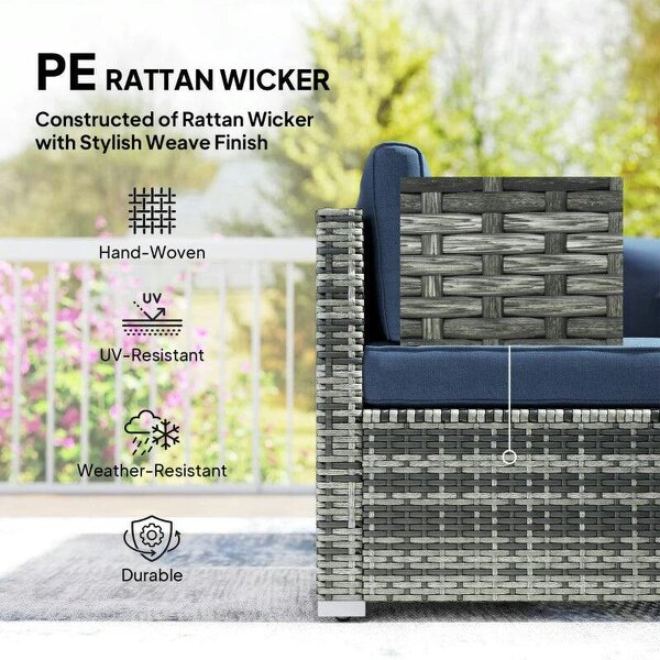 8 Pieces PE Rattan Corner Sofa Set, Outdoor Garden Furniture Set, Patio Wicker Sofa Seater with Cushion, Dark Blue