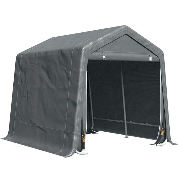 Dark grey temporary outdoor equipment shed with open front and support poles