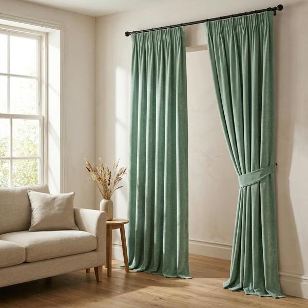 Braga made-to-measure curtains in Lagoon, styled in a living room