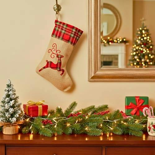 Large Christmas Stocking Reindeer Print Hessian Hanging Sack for Festive Home Decorations image 3