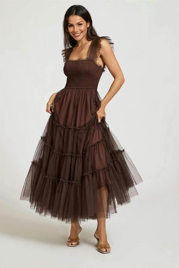 FS Collection Sleeveless Smocked Ruffle Tulle Dress In Brown