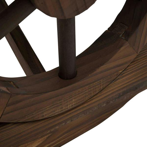 Close-up of brown wooden bench frame and slatted seat edge with support brace