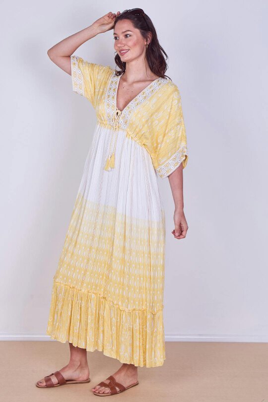 Boho Embroidered Maxi Dress with Tassel Tie – One Size (UK 8–14)