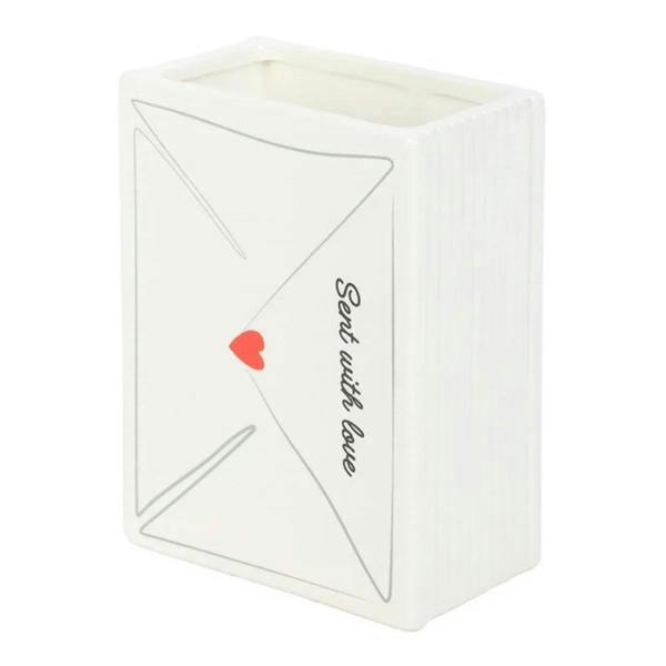 White envelope-style vase with red heart, gray lines, and “Stay with me” text