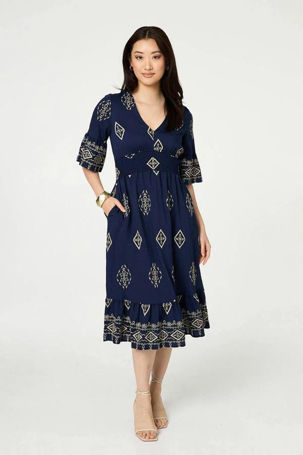 Navy | Printed 1/2 Sleeve Shirred Midi Dress