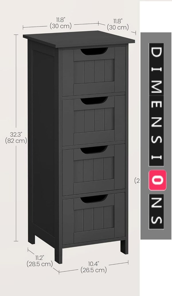 Modcraft Black Bathroom Floor Storage Cabinet – Freestanding Unit with 4 Drawers