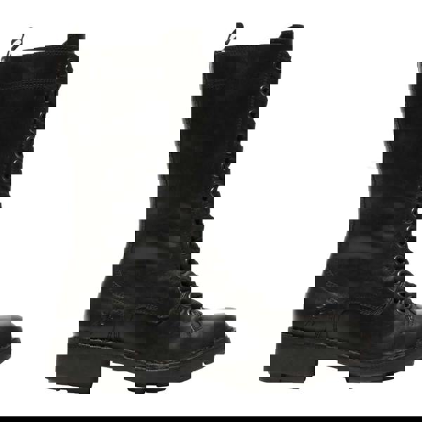 FLY London Fly London NOLE Womens Hi-Leg Zip Up Tall Mid Calf Biker Boots, black leather knee-high boots with zip closure and chunky heel.