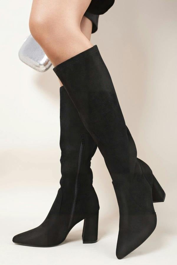 Odina Block Heel Pointed Toe Knee High Boots - Black S