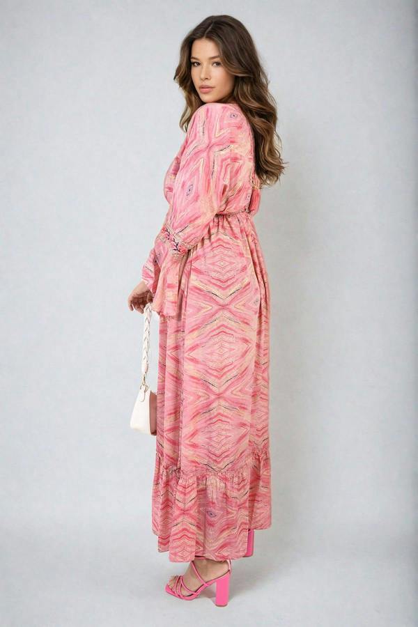 Melissa Printed Long V-neck Ruffled Hem Maxi Dress - Pink