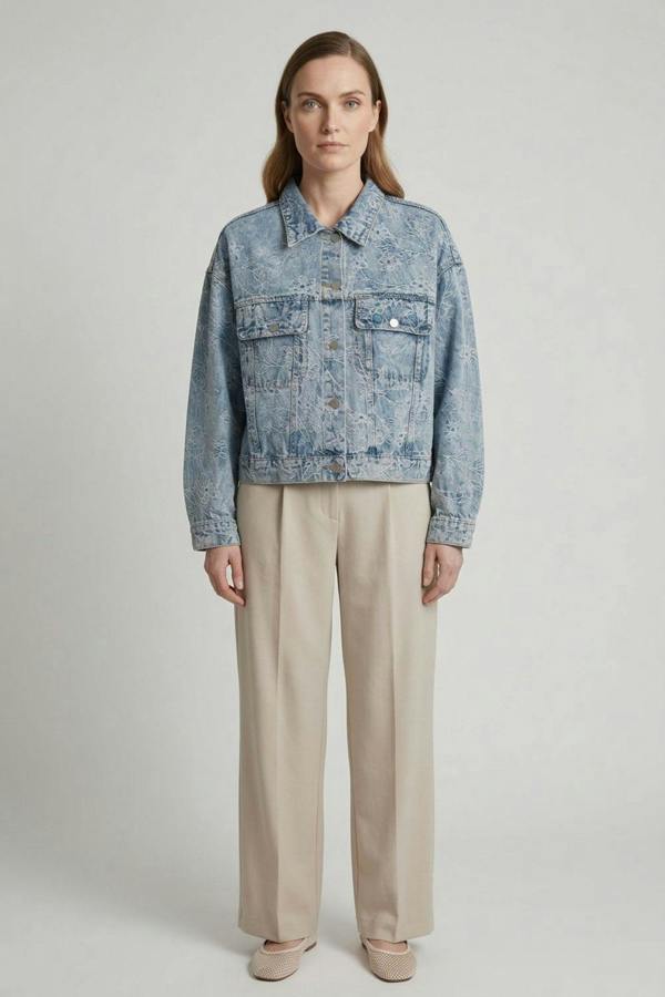Blue | Floral Embroidered Relaxed Denim Jacket
